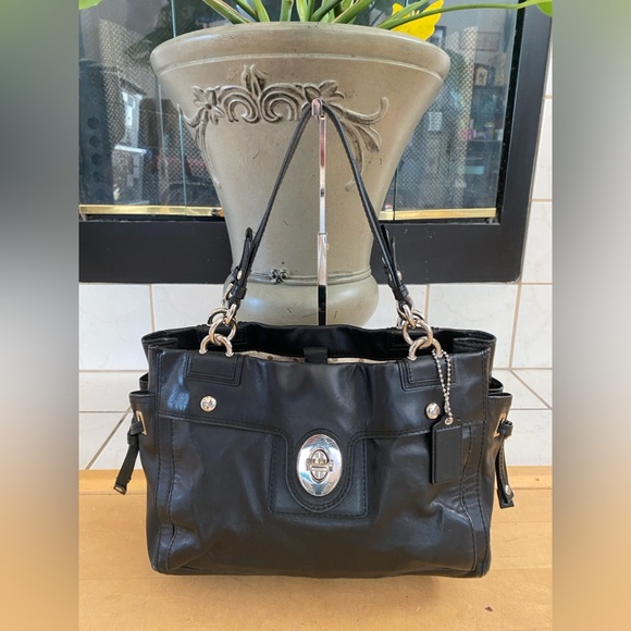 COACH Large Black Leather Handbag, Shoulder Bag, Multiple Compartments - Picture 1 of 16